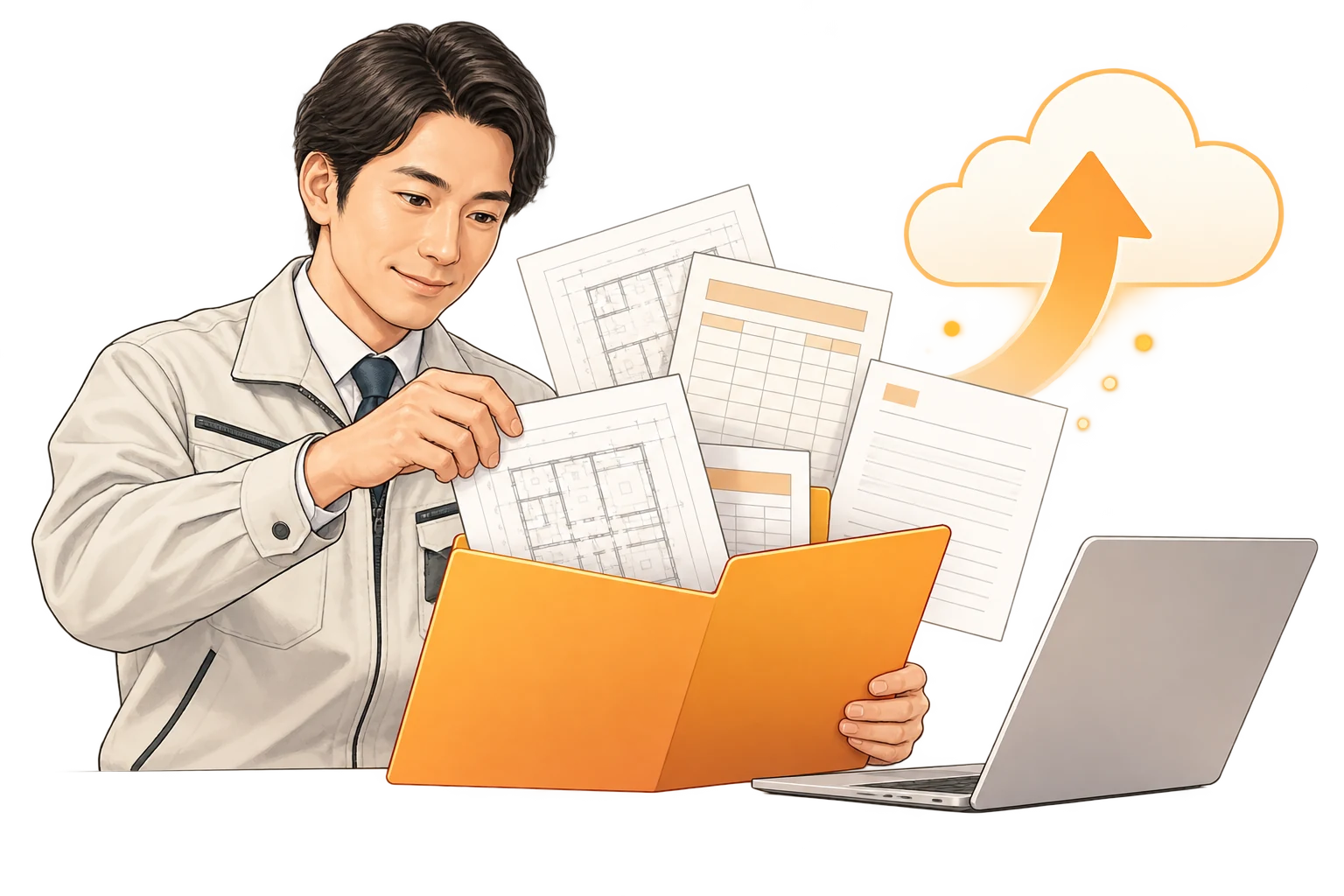 図面や過去資料を準備する流れのイラスト