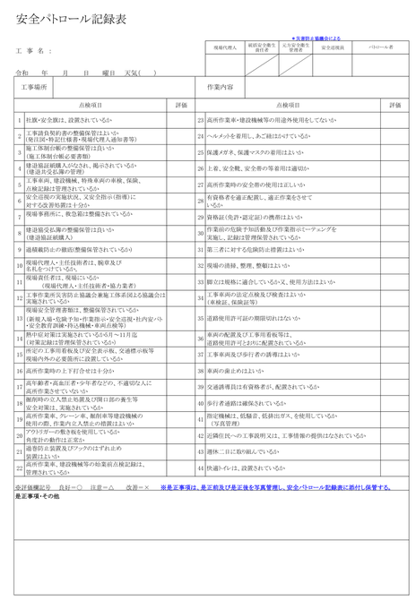 社内安全パトロールチェック表の実プレビュー
