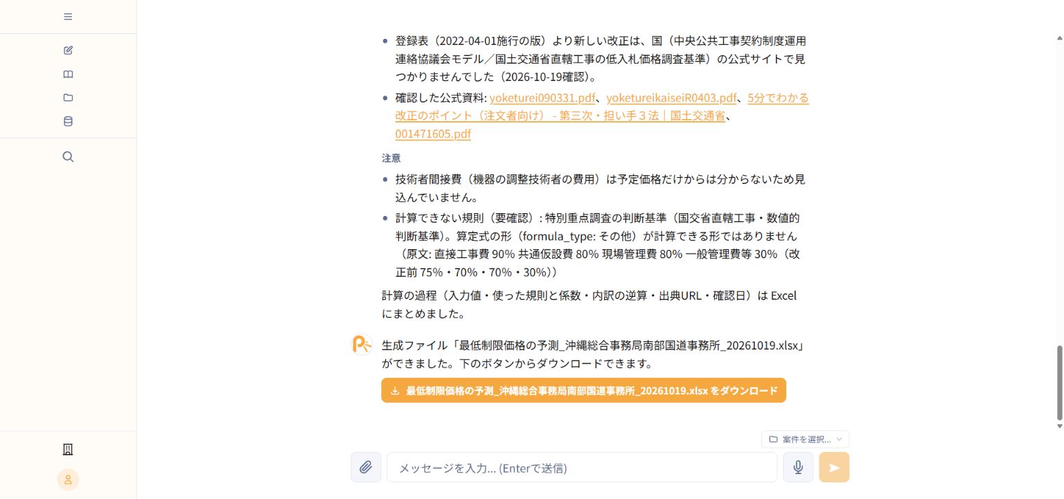 最低制限価格の推定値と幅を表示した実画面